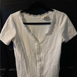 Sezane White Lace-Trim Short Sleeve Ribbed Tee